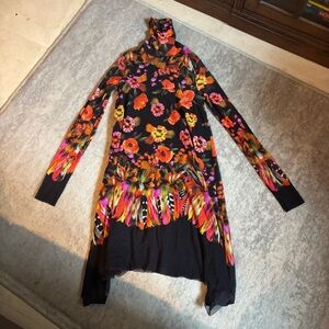 FUZZI Turtleneck Long Sleeve Dress S Floral Feather Print Mesh Asymmetrical Hem